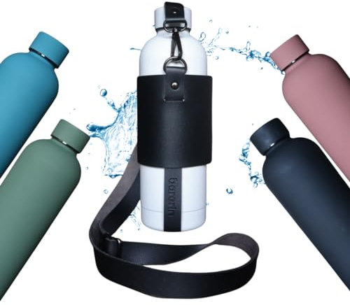 BARGRIN Botellas de agua acero inoxidable 750ml Con Correa Simil Cuero - Termo agua fria - Botella agua térmica - Botellas de agua - Garrafa térmica - Water Bottle - Botella termo