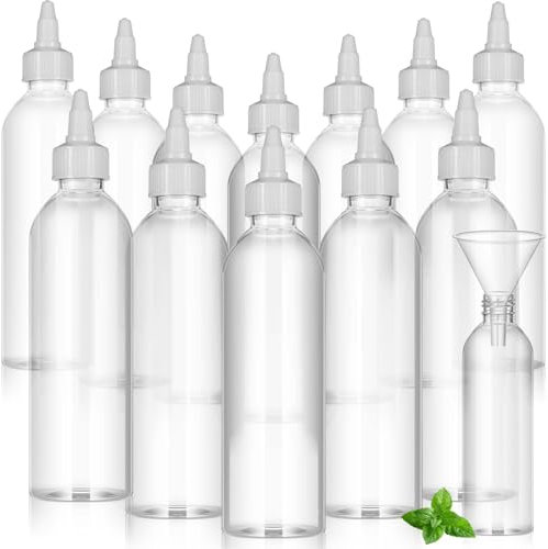 Barydat 12 Pcs Applicator Bottles for Hair, Squeeze Hair Oil Applicator Bottle Refillable Empty Plastic Bottles, Twist on Top Cap with Open Close Nozzle and 2 Funnels(8 oz,Clear)