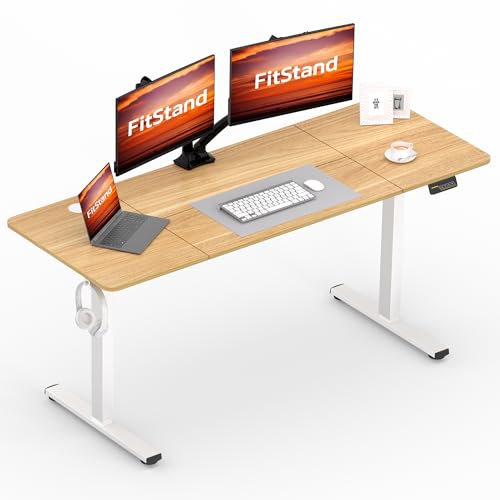 FitStand FQ1 160x60cm höhenverstellbarer Schreibtisch Electric Lift Desk mit Tischplatte, Stehpult, Lift Computertisch mit Haken, Kindersicherung, Memory-Funktion für Büro und Zuhause - Ahorn