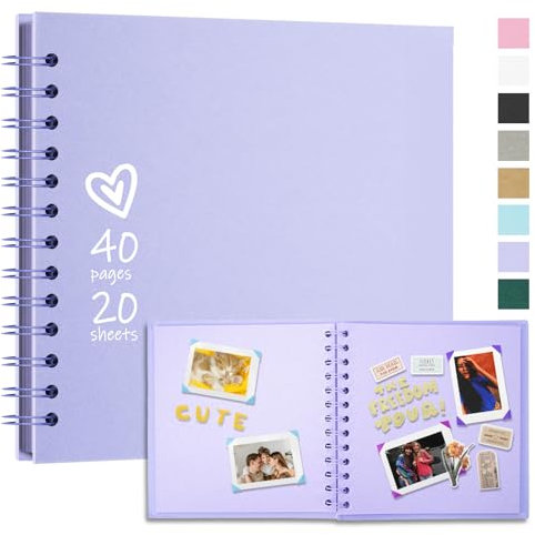 Vienrose 20,5 x 20,5 cm Fotoalbum zum Selbstgestalten und Einkleben mit 40 Seiten, Hardcover Kraftpapier Spiralalbum Scrapbook, DIY Sammelalbum für Hochzeit, Geburtstag, Jahrestag, Helllila