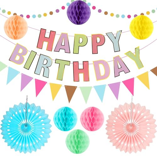 Jiusely Pastel Birthday Party Decorations Set - Reusable With Happy Birthday Banner, Hanging Paper Fans, Bunting, Pom Poms for Kids, Girls, Women