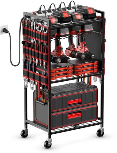 JUNNUJ Large Power Tool Organizer Cart with Charging Station, Garage Floor Standing Rolling Drill and Tools Battery Storage Cart on Wheels, Heavy Duty Utility Rack Shelf with 8 Outlet Power Strip, Red