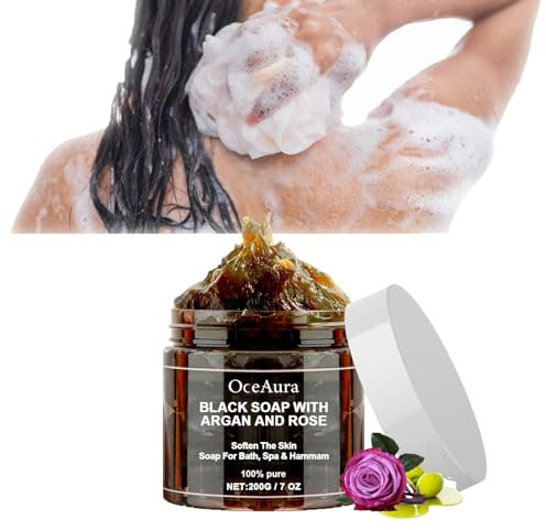 Savon noir marocain avec argan et rose, savon noir de Zawina Morocco, savon noir Beldi Zawina Morocco, gel douche exfoliant pour peau douce, savon noir exfoliant pour le corps (1 pièce)