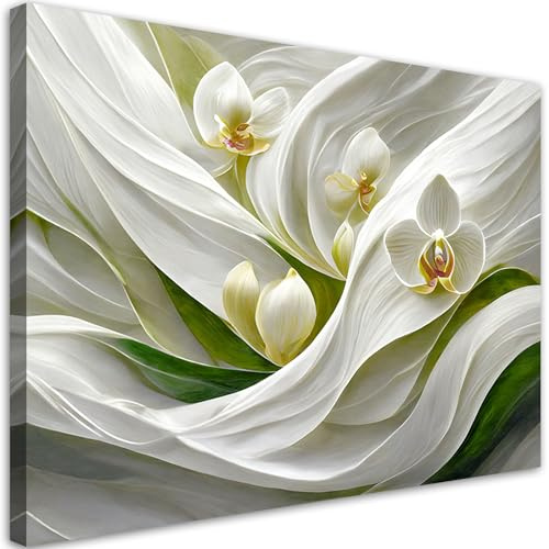 Feeby Wandbilder - Bilder Schlafzimmer - Orchideen Weiße Blume 3D - 120x80 1tlg - Wohnzimmer Bild Groß - Wohnungs - Foto Geschenk - Leinwand Wall Art - Wand Deko