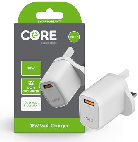 Core Essentials | USB A Wall Charger Plug | Fast Charging With Quick Charge 3.0 at 18W | Smartphone & Device Charging Plug | 1 Year Warranty