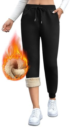 Vorvowry Fleece Lined Joggers Womens Fluffy Sherpa Trousers Warm Thermal Sweatpants Winter Thick Tracksuit Bottoms Drawstring Pockets for Ladies Running Fitness L Legging Black