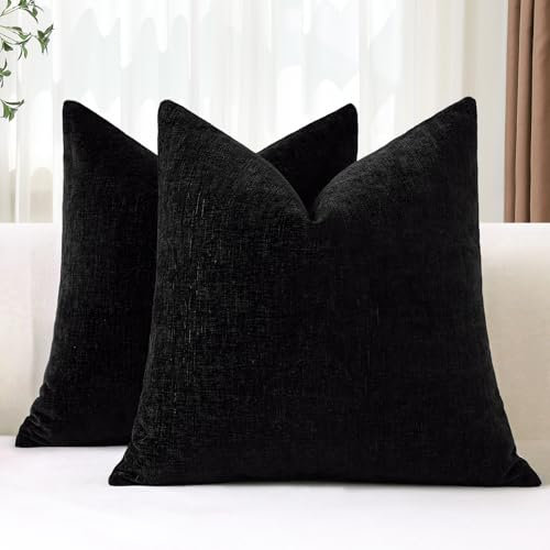 JOTOM 2er Set Chenille Kissenbezüge, Dekorative Weich Einfarbig Wurf Kissenbezug Moderne Kissenhüllen Sofakissen Dekokissen Zierkissenbezug für Wohnzimmer Schlafzimmer Deko (60x60cm, Schwarz)