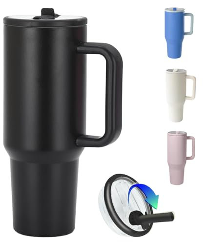 ZHUIYIWIN Tumbler with Folding Straw and Handle, Water Bottle Coffee Cup Travel Mug for Cold or Hot Drinks, Double Wall Stainless Steel Vacuum Insulated Tumbler (Black, 1180 ml)