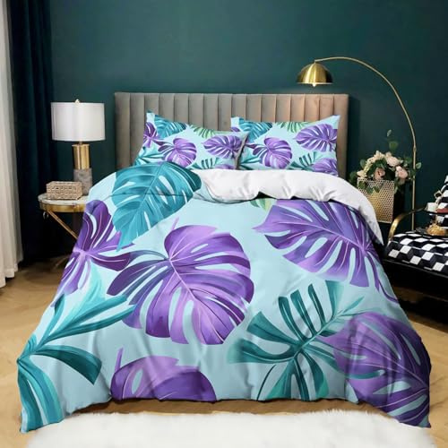 Housse de Couette 140x200 cm Feuilles Tropicales Violettes Cyan, Parure de Lit 1 Personnes en Microfibre Douce, Ensemble de Literie Bleu Clair avec 2 Taies d'oreiller pour Décoration de Chambre