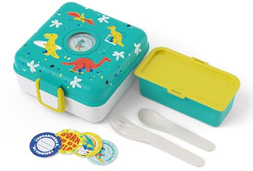 monbento - Kinder Brotdose mit Fächer Snacky blau Dino - Snackbox Kinder für ganze Sandwiches - Besteck inklusive - Lunchbox Personalisiert Kinder - Ideal für Schule/Picknick - BPA-Frei - Dinosaurier