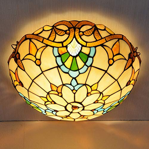 16 inch Baroque Ceiling Light Flush Mount, Retro Stained Glass Bowl Shade Ceiling Lamp, Metal Decoration y Ceiling Lighting Fixtures for Living Room Bedroom, E27 Household faucets