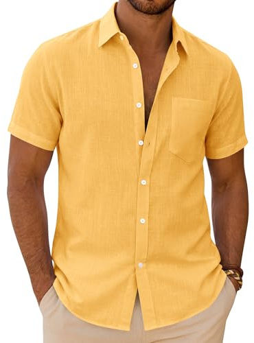 siliteelon Mens Linen Shirts Short Sleeve Summer Shirt Regular Fit Casual Cotton Holiday Beach Tops with Pocket