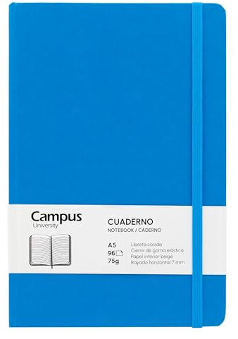 Campus Bullet Journal Notizbuch, A5, horizontal, liniert, 7 mm, gebundenes Notizbuch mit festem Einband, 96 Blatt à 75 g, elastischer Verschluss, Tasche und Lesezeichen, A5, horizontal liniert, Blau