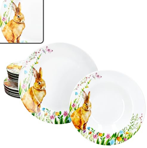 MamboCat Service de table 12 pièces Osterfreude I Vaisselle en porcelaine printanière avec décor lapin de Pâques pour 6 personnes I 6 assiettes creuses et 6 assiettes plates pour le petit-déjeuner, le