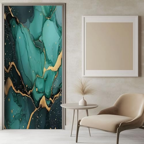 Türtapete Selbstklebend Marmor Textur Gold 100x200 cm Türkis Türposter Fototapete PVC Türaufkleber DIY Türbild, Türfolie Poster Tapete Küche Bad Dekoration
