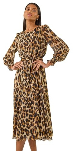 Roman Originals Floral Print Shirred Midi Dress for Women UK - Ladies Everyday Holiday Spring Summer Round Neckline Comfy Soft Evening Vacation Work Party - Tan - Size 16