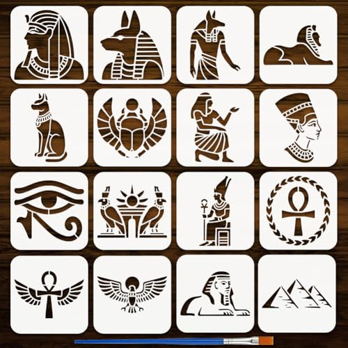 FINGERINSPIRE 16 Stück Ägypten Malschablone 15x15cm Ägyptische Symbolschablonen Sphinx Skarabäus Muster Kunststoff 16 Stile Ägyptische Vorlage Mit Pinsel Für T Shirt Holz Stoff DIY Kunst