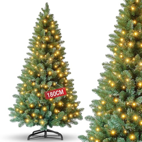 180cm Weihnachtsbaum Künstlich ，Tannenbaum Künstlich PVC mit Metallständer、LED Beleuchtung，Premium Nordmanntanne,Schwer Entflammbarer Automatischer Christbaum，Naturgetreuer Tannenbaum Künstlich