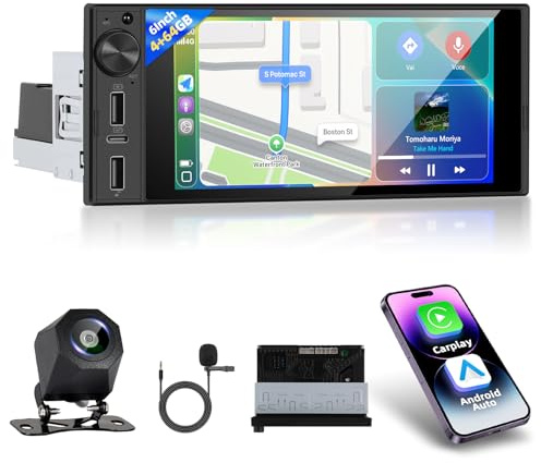 Motorsi 4GB+64GB 1 Din Autoradio mit Kabellosen CarPlay, 6 Zoll Bildschirm Touchscreen Android Auto Stereo mit Bluetooth/SWC/FM/RDS/WiFi/GPS/USB-Radioempfänger+Heckkamera