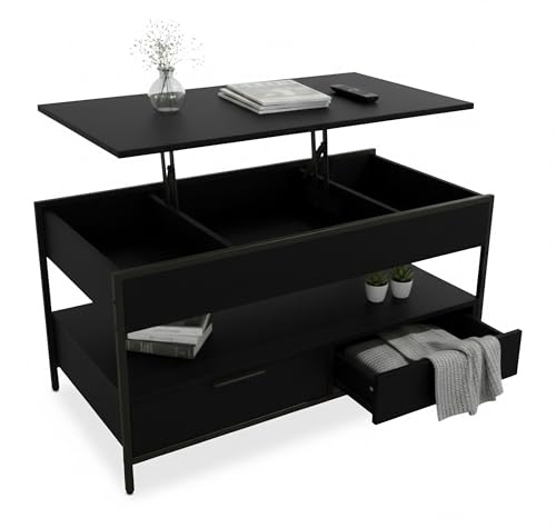 Relaxdays Couchtisch, aufklappbar, 2 Schubladen, 4 Fächer, HBT: 48–63 x 100 x 50 cm, Industrial Sofatisch, Farbwahl | HBT: 48–63 x 100 x 50 cm, Industrial Sofatisch