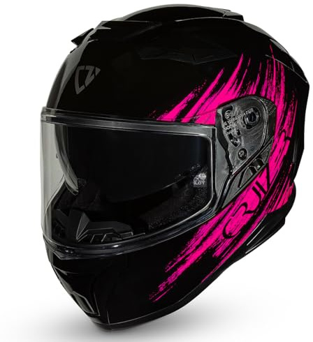 CRUIZER Casco moto Integrale Omologato Nero Fuxia Lucido con visiera trasparente , visiera sole a scomparsa, visiera rosa specchiata