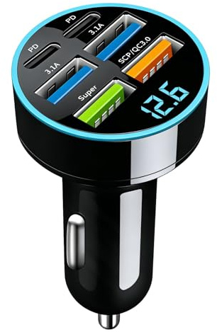zstg 66W USB Autoladegerät Zigarettenanzünder 6 Ports mit LED Voltmeter | 2PD+2USBA 3.1A+1Super+1SCP/QC3.0, Schnellladung 12V-24V Adapter Steckdose, für 1Phone/Android/Samsung/Tablet/Smartphon