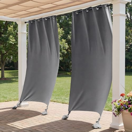 PONY DANCE Outdoor Vorhang Wetterfest Sonnenschutz Outdoor Gardinen Grau | 2er Set H213 x B132cm, Windschutz, Hitzeschutz, UV-Schutz, mit Ösen Oben und Gewichteten Säcken, für Terrasse Pavillon