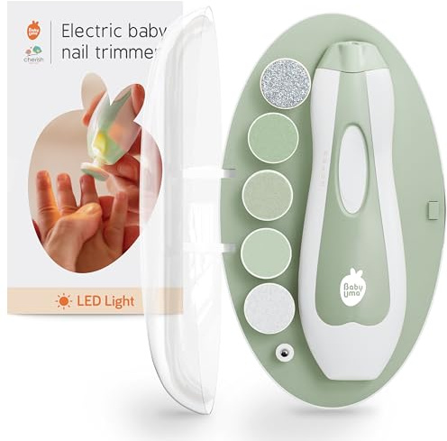 Cherish Baby Care Lima Uñas Eléctrica con Luz LED para Bebés - Lima Uñas Bebé con Parada Automática de Seguridad, Bidireccional con 2 Velocidades y 6 Limas, Cortaúñas Bebé (+ Estuche de Viaje)