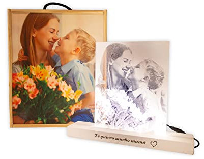 Lámpara Personalizada con tu Foto | Lámpara + Caja | Luz LED Incluida + Interruptor Táctil | Soporte de Madera Grabado | Ideal para Regalar a tus Amigos, Pareja y Familiares