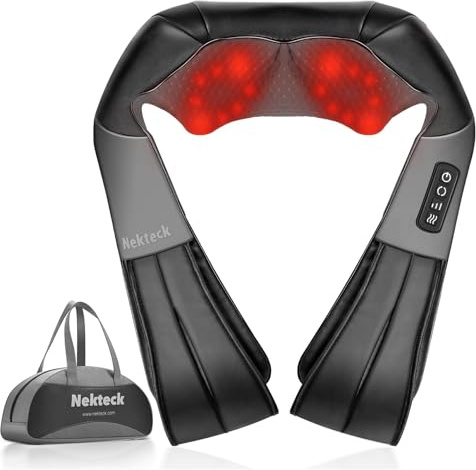 Nekteck Shiatsu Neck Massager with Heat for Pain Relief Deep Tissue, 2026 Upgraded Back Shoulder Kneading Massage Pillow with Storage Bag, Body Relaxation Gifts for Men Women Father's Day