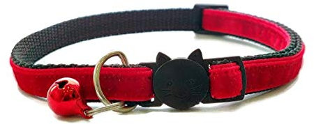 Velvet Cat Collars with Bell | Quick Safety Release Breakaway Buckle | Handmade in the UK | Available in Cat & Kitten Size | Red Velvet