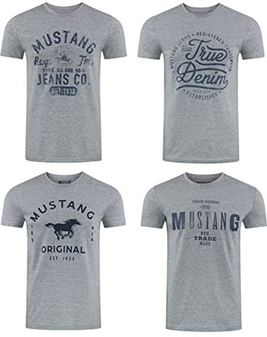 MUSTANG Herren T-Shirt 4er Pack Frontprint O-Neck Rundhalsausschnitt Kurzarm Regular Tee Shirt 100% Baumwolle Schwarz Weiß Grau Blau Grün, Größe:M, Farbe:Farbmix (P18)