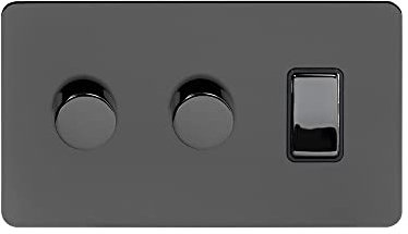Soho Lighting Black Nickel Flat Plate 3 Gang Light Switch with 2 Dimmers (1x2 Way Light Switch with 2X Trailing Edge Dimmer) Screwless