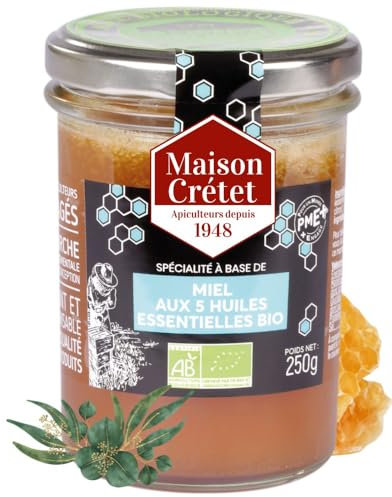 Maison Crétet | Miel bio aux 5 huiles essentielles | issu de l'agriculture biologique | Pot verre | Préparation de 250g