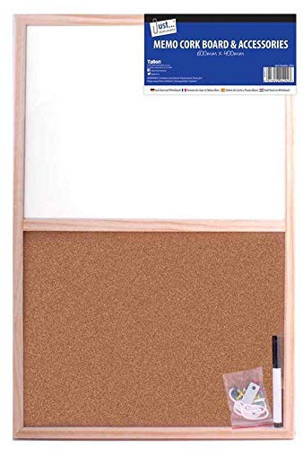 JMS we create smile - Wooden Corkboard/Whiteboard with String & Push Pins | Noticeboard for Home, School, Office (Split Cork/Dry Wipe Board, 400 x 600 mm)