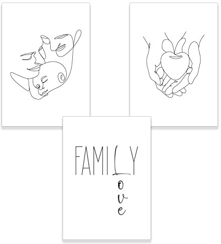 ChicResult Line Art Wandbilder FAMILY 3er Set Bilder - Moderne Deko für Babyzimmer, Kinderzimmer Dekoration - Wandbild mit Spruch, Poster Set (3 x DIN A4 ohne Bilderrahmen)