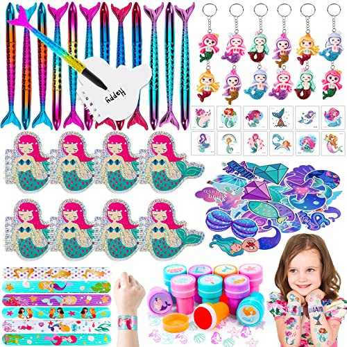 vamei 102St. Meerjungfrau Party Mitgebsel Kindergeburtstag mit Meerjungfrau Schnapparmband Temporäre Tattoos, Schlüsselanhänger Spiralblock Give Aways Gastgeschenk Kinder Mädchen