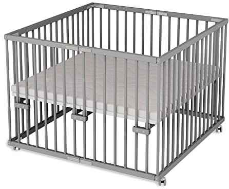 Sämann Laufgitter faltbar 100x100 cm mit Matratze - PREMIUM - stufenlos höhenverstellbar - Laufstall klappbar - Baby Buche grau