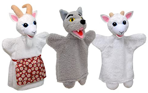 Set 3-Fach Plüsh Handpuppe Tierhandpuppen Wolf und Ziege 34 cm, Ideal für Puppentheatre und Rollenspiele, für Kinder Baby Jungen Mädchen