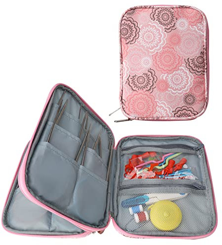 Aeelike Rundstricknadeln Organizer Tasche 17,5×14×4 cm, Stricknadel Etui mit Doppeltes Aufbewahrungsfach, Tragbar Aufbewahrungstasche für Stricknadeln, Rundstricknadel Set, Zubehör, Rosa Mandala