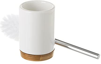 LOLAhome - Escobilla de baño con escobillero Redondo de cerámica y bambú de Ø 10x38 cm para Limpieza de WC. Accesorio de baño de pie para instalación sin Taladro
