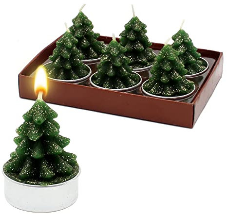 Dekohelden24 6er Set Teelicht Tannenbaum in grün, Maße je Teelicht L/B/H: 4 x 4 x 5,5 cm.