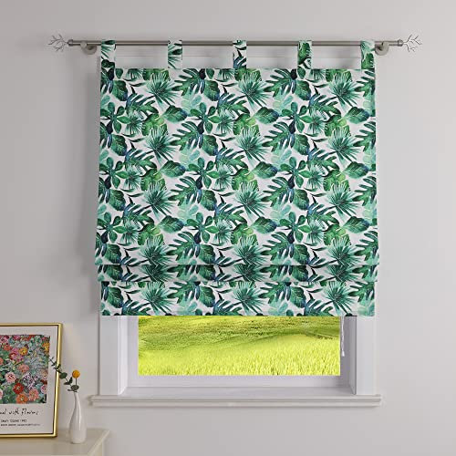 CORLIF Raffrollo mit Schlaufen Raffgardine Blickdicht Schlaufenrollo Küche Rollos Modern mit Blätter Muster Kurze Gardine Hawaiianischer Stil B/H 140/140 cm Grün