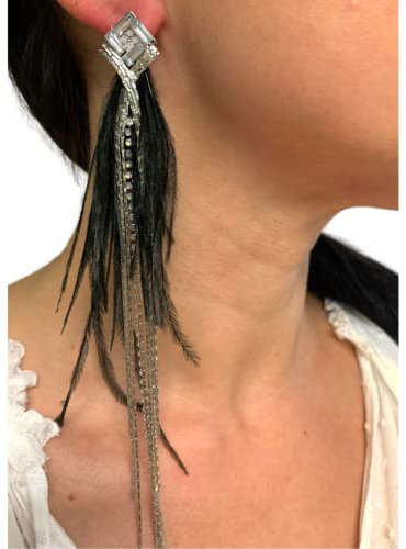 ONDEGO® XXL Schwarze Feder Ohrringe Strass Creolen Silber Glitzer Schmuck Damen Party Gala Statement