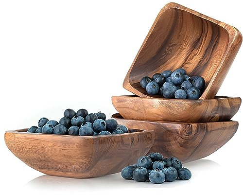 Set of 4 Square Wooden Bowl Set. 4 inch Handmade Acacia Calabash Bowl, Small Wooden Bowl Set, Nuts and Small Snacks Serving Bowls, Sauce Bowl, Dipping Bowl 4x1 wooden bowls