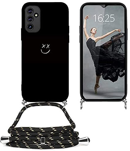 EuoDuo Kompatibel mit Samsung Galaxy A04s / A13 5G Hülle mit Band Handyhülle Handykette Schwarz Silikon Muster Motiv Schutzhülle Kordel zum Umhängen Necklace Halskette Cover - Lächeln