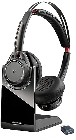 Micro-casque sans fil Poly Voyager Focus UC pour ordinateur et socle de chargement - Annulation active du bruit (ANC) - Connexion à un PC/Mac/Téléphone portable via Bluetooth - Teams (certifié)
