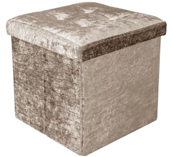 Rehmat Collection 1 Seat Crushed Velvet Ottoman Storage Cube Toy Box Chest With Diamanté Studded Lid - Foldable/Collapsable (Champagne)