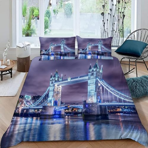 AASIRA London Tower Bridge Bettwäsche 135x200 Kinder Bettwäsche Stadtansicht Weiche Mikrofaser Bettbezug mit Reißverschluss Jungen Mädchen Bettwäsche-Set 3D Motiv Bettbezüge mit 2 Kissenbezug 80x80