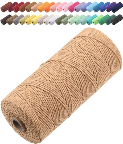 GOHOF Macrame Cord 2mm x 205m Premium Cotton Macrame Rope, 3 Strand Twisted Soft Cotton Cord, One of The Most Perfect Materials for Macrame Art, Cotton String Without Chemicals (latte)
